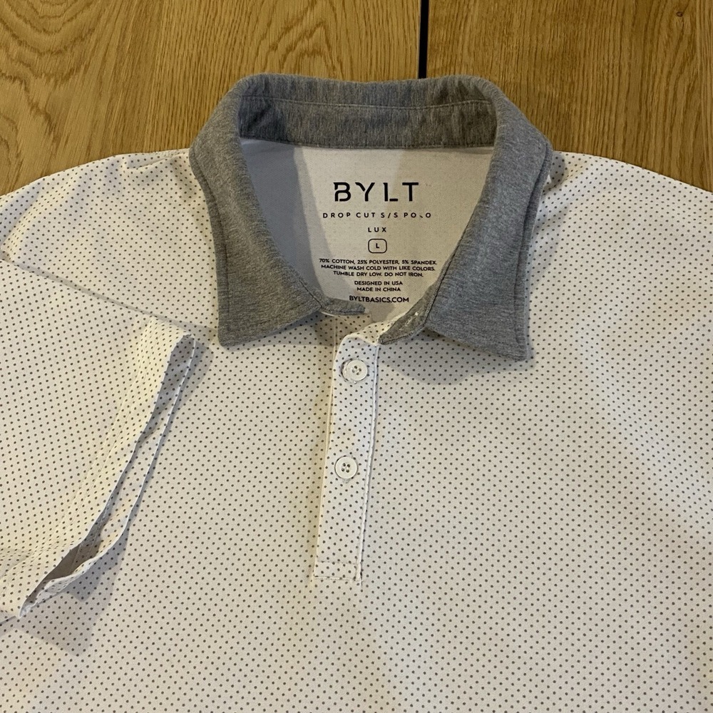 BYLT Polo Shirt Mens Large Lux Drop Cut Short Sleeve Performance Golf White Gray